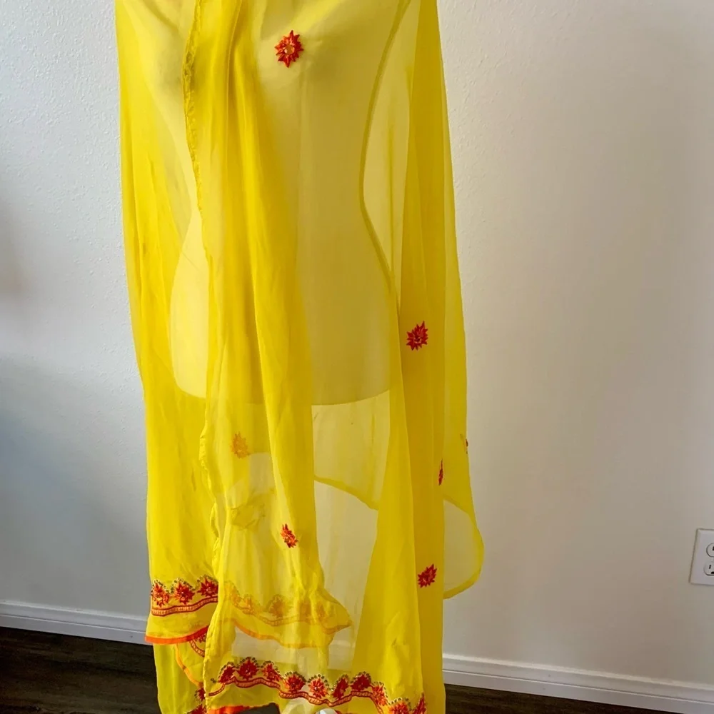 Yellow Sheer Scarf with Red Floral Accents 40/82 inches